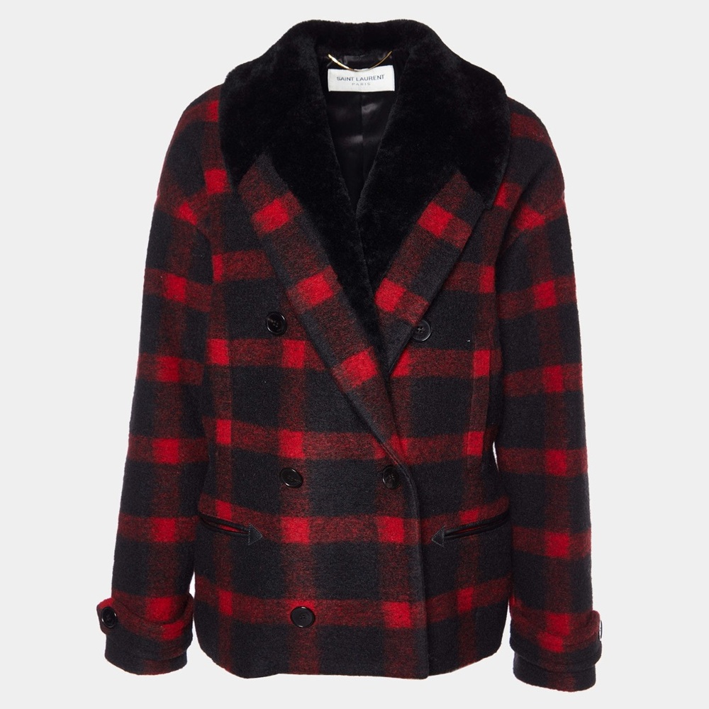 NWT Authentic Saint Laurent Red/Black Oversized Checkered Shearling Coat Size 34